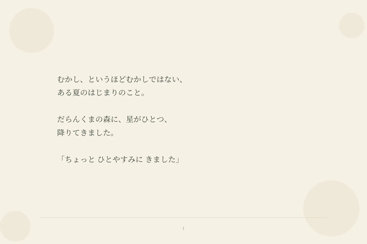 むかし、というほどむかしではない、 ある夏のはじまりのこと。 だらんくまの森に、星がひとつ、 降りてきました。 「ちょっと ひとやすみに きました」
