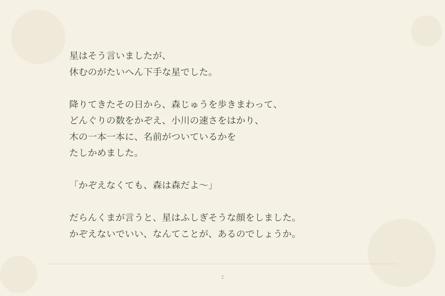 星はそう言いましたが、 休むのがたいへん下手な星でした。 降りてきたその日から、森じゅうを歩きまわって、 どんぐりの数をかぞえ、小川の速さをはかり、 木の一本一本に、名前がついているかを たしかめました。 「かぞえなくても、森は森だよ〜」 だらんくまが言うと、星はふしぎそうな顔をしました。 かぞえないでいい、なんてことが、あるのでしょうか。