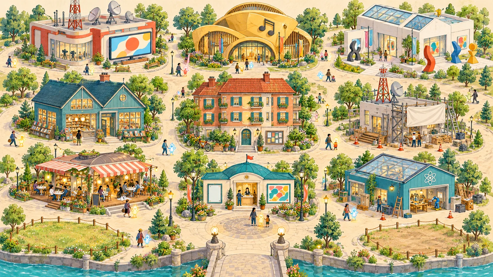 P[ART]NERの街の地図。テレビ局、音楽ホール、ギャラリー、本屋、マンション「メゾン・パレット」、ラジオ局、カフェ、案内所、実験室が並び、手前には橋と空き地があります。